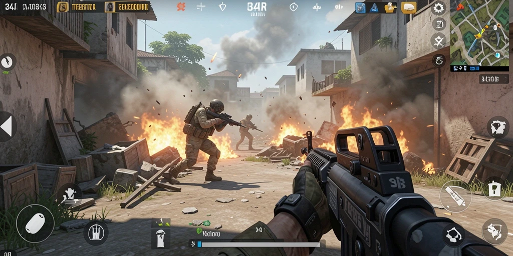 Screenshot utama 34R menampilkan aksi intens dalam pertempuran FPS.