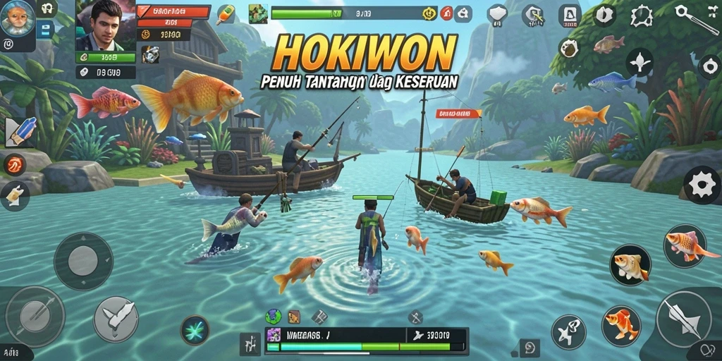 Tampilan gameplay seru dalam HOKIWON saat menangkap ikan.