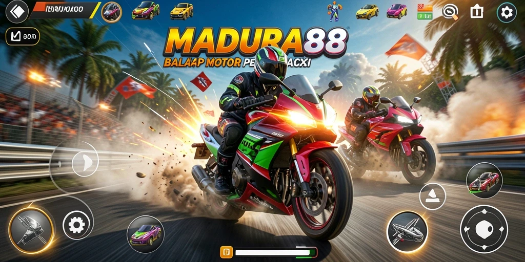 Tampilan utama gameplay <strong>MADURA88</strong> yang menarik dengan balapan motor cepat.
