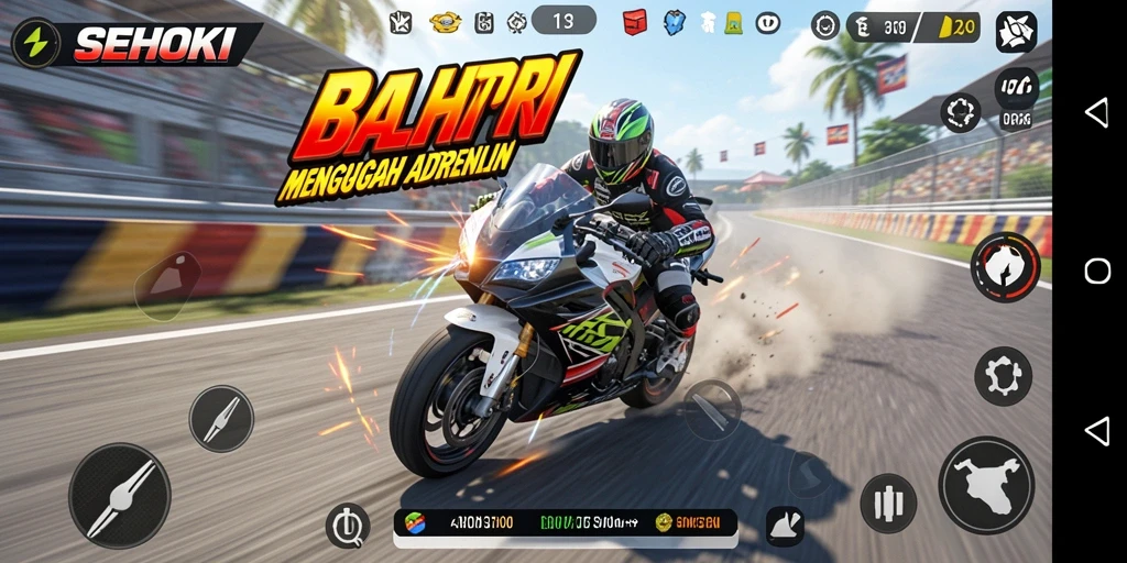 Gameplay SEHOKI dengan balapan motor yang seru dan mendebarkan.