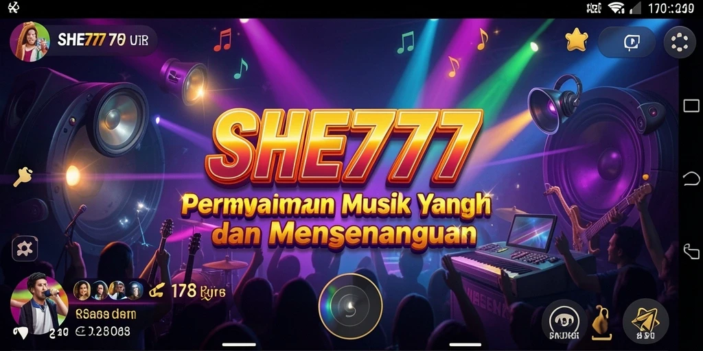 Screenshot utama SHE777 menampilkan gameplay interaktif dengan musik yang menyenangkan.