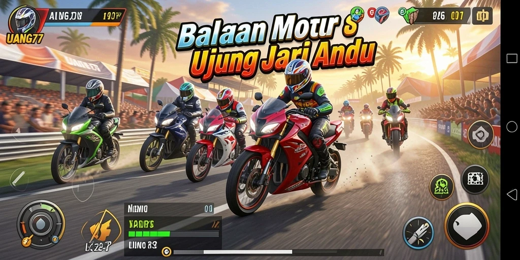 Screenshot gameplay UANG77 menampilkan balapan motor yang menegangkan dan seru.
