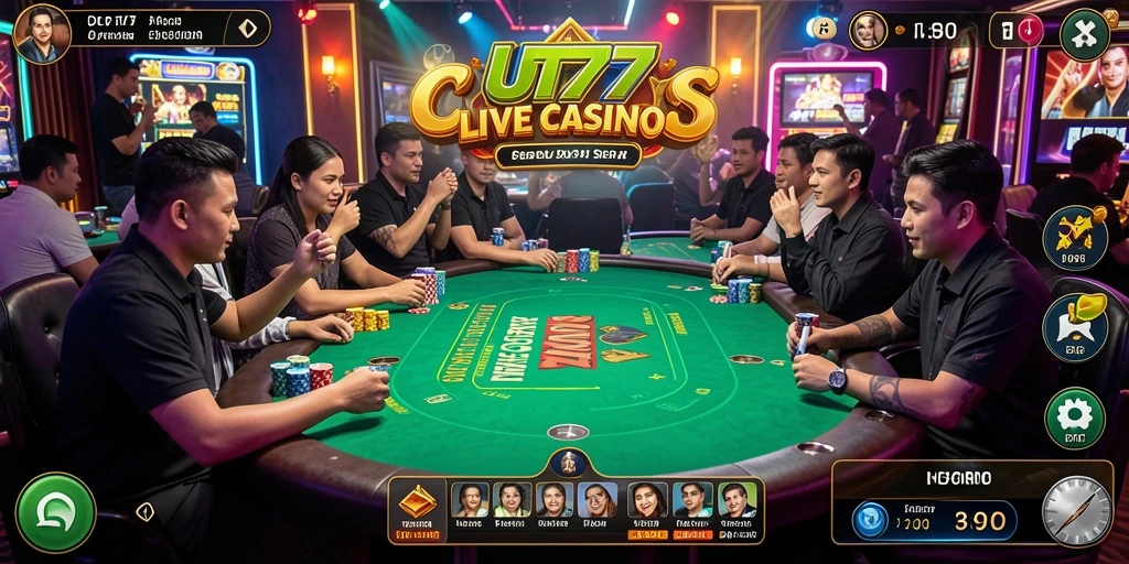 Screenshot UT77 menampilkan dealer profesional dalam sesi Live Casino.
