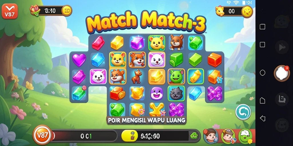 Screenshot gameplay V87 menampilkan level Match-3 yang menarik.
