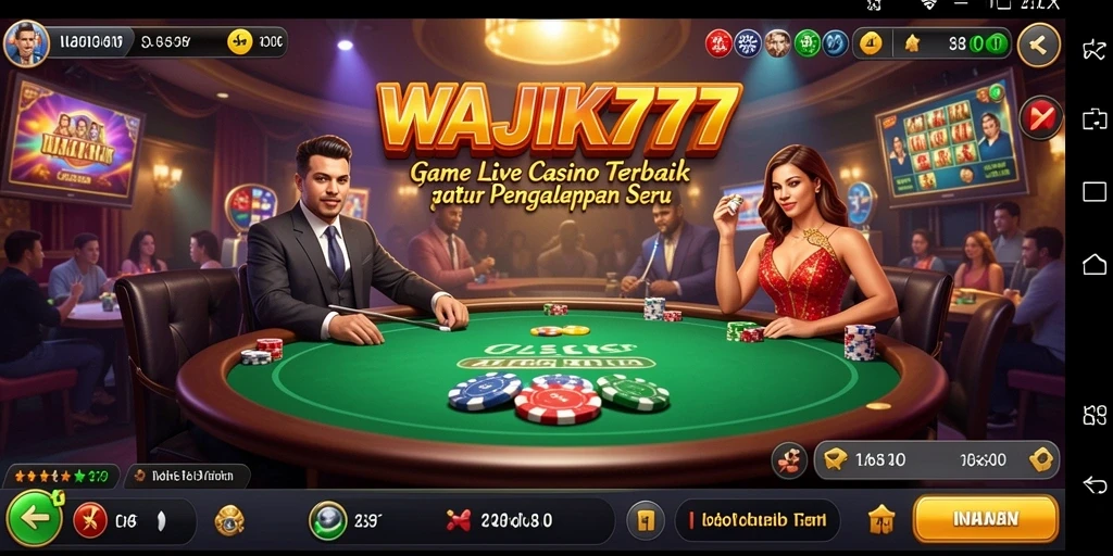 Screenshot gameplay WAJIK777 menampilkan dealer langsung dan suasana kasino yang nyata.